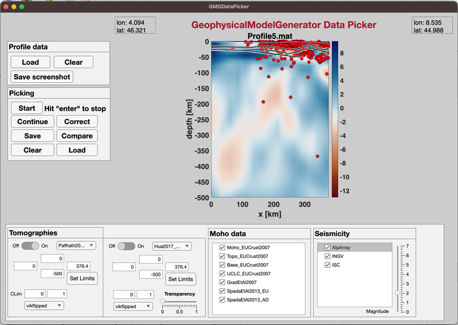 Example of the Graphical User Interface to compare and interpret the various geophysical observables